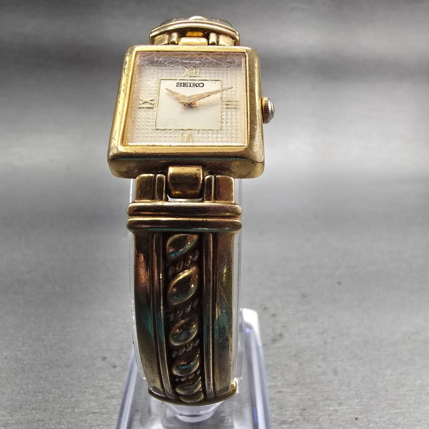 Seiko Watch Women 19mm Champagne Dial Gold Tone Square V400-6280 New Battery VTG5