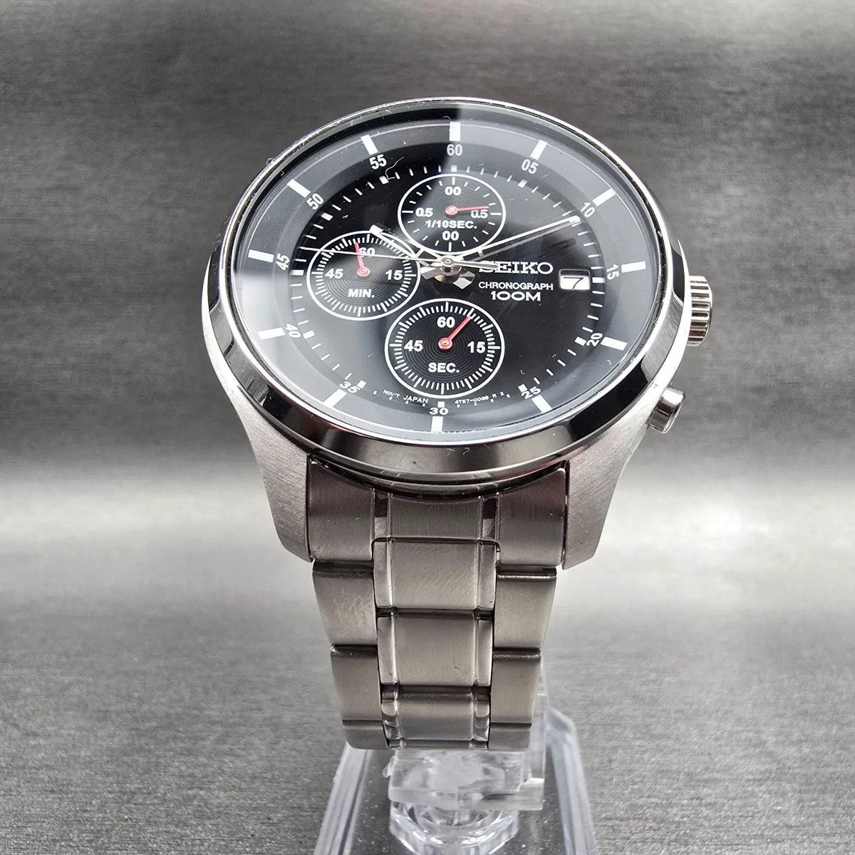 Seiko Chronograph Watch Men 43mm Black Dial Silver Tone Date 4T57-00G0 New Batt7