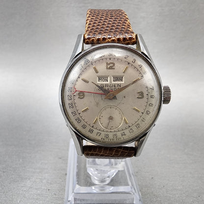 Gruen Triple Calendar Watch Men 31mm Silver Dial Silver Tone Small Seconds READ!0
