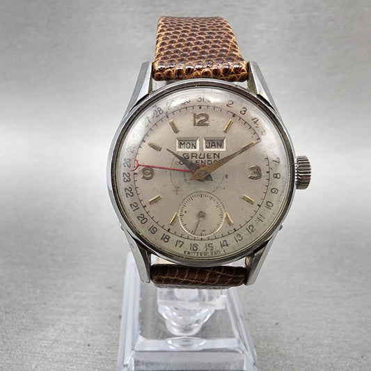 Gruen Triple Calendar Watch Men 31mm Silver Dial Silver Tone Small Seconds READ!0