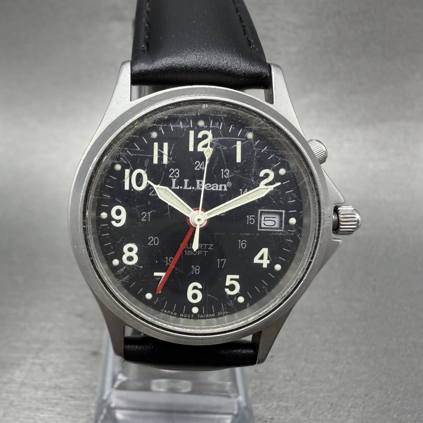 LL Bean Alarm Watch Men 34mm Black Dial Stainless Steel Date Round New BatteryAB0