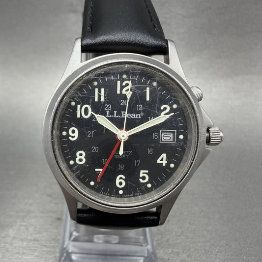 LL Bean Alarm Watch Men 34mm Black Dial Stainless Steel Date Round New BatteryAB0