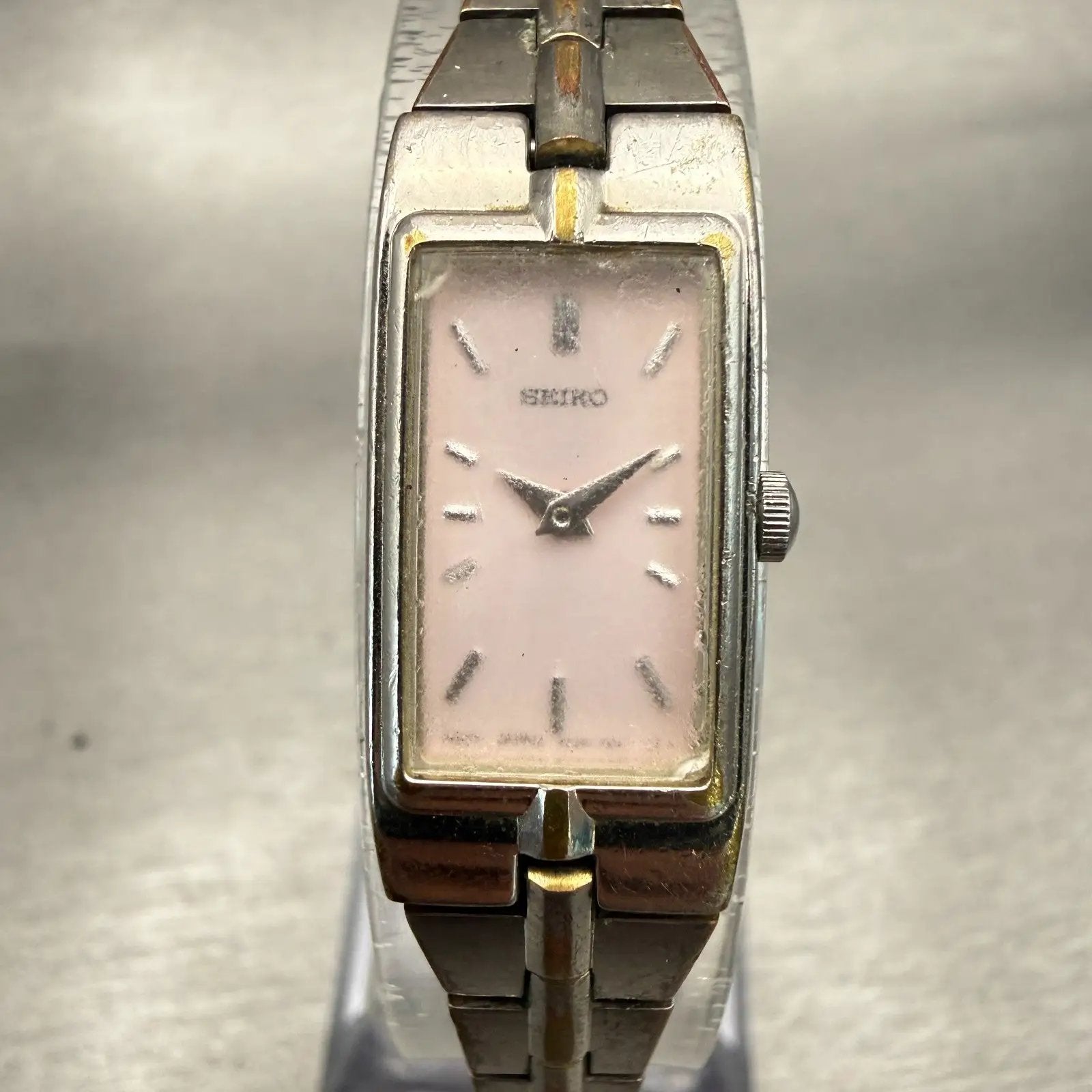Seiko Watch Women 13mm Pink Dial Silver Tone Rectangle 2E20-0AY0 New Battery VTG0