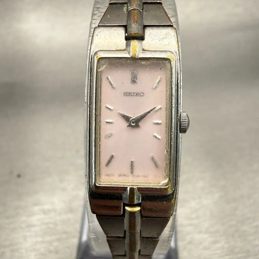 Seiko Watch Women 13mm Pink Dial Silver Tone Rectangle 2E20-0AY0 New Battery VTG0