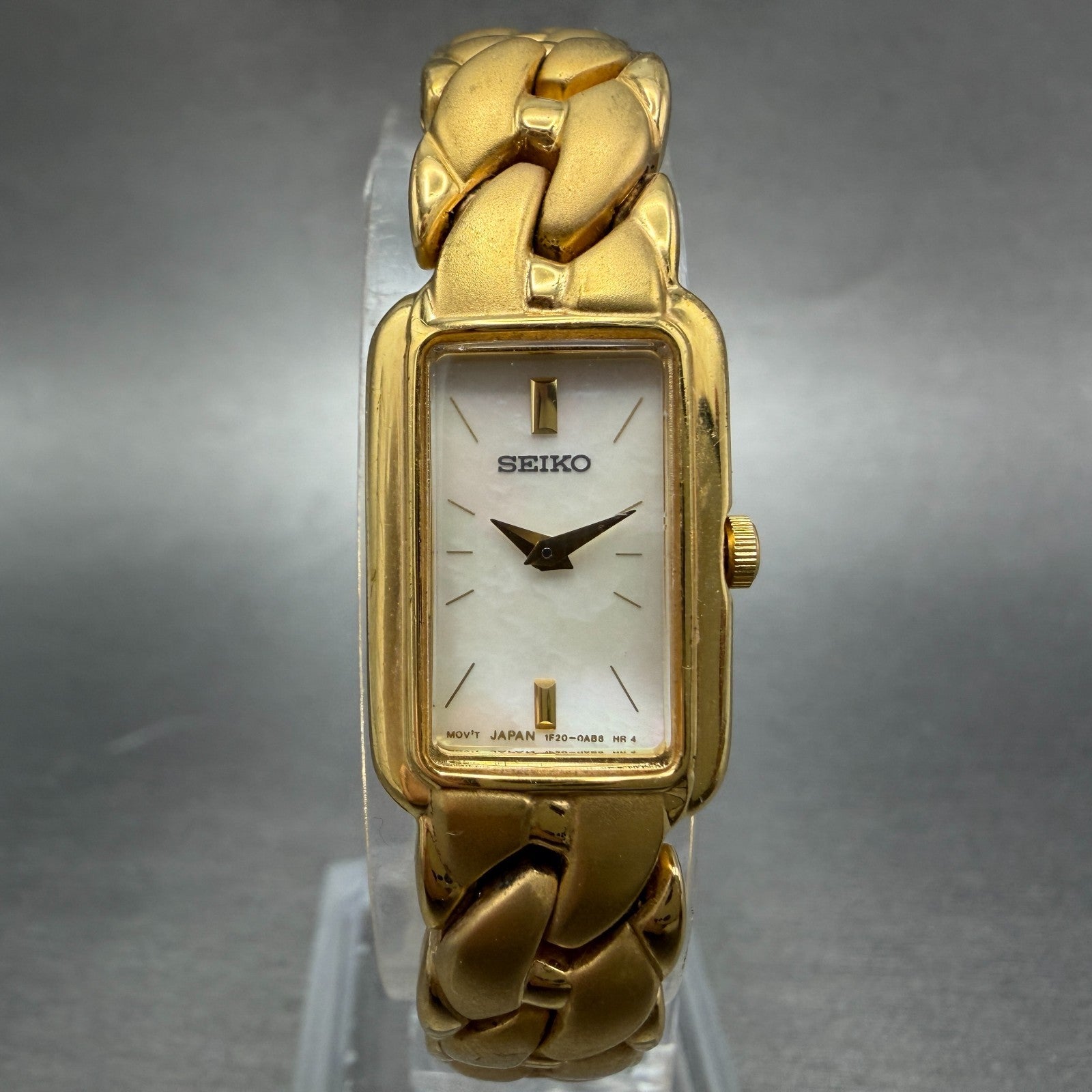 Seiko Tank Watch Women 15mm MOP Dial Gold Tone Rectangle 1F20-0AC0 New Battery0
