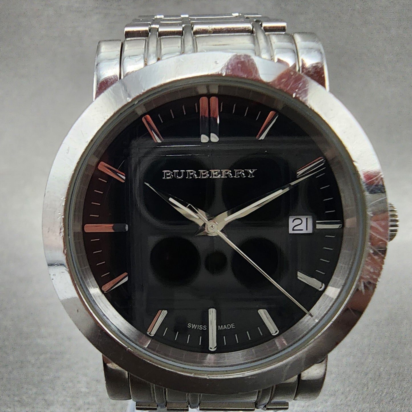 Burberry Watch Men 38mm Black Dial Steel Date Round BU1364 New Battery