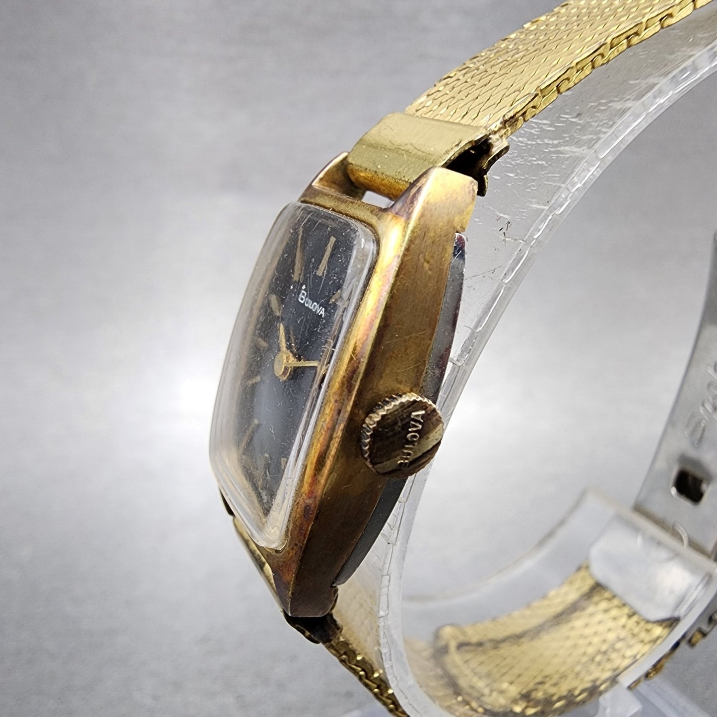 Bulova Tank Watch Women 17mm Black Dial Gold Tone Rectangle Manual Wind Runs VTG2