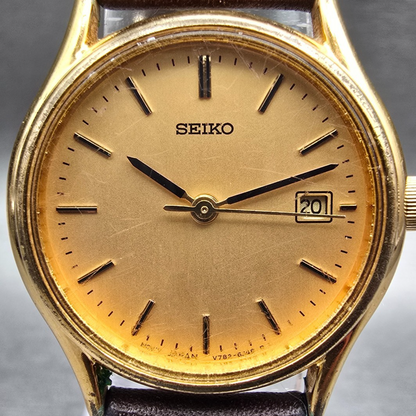 Seiko Watch Women 25mm Gold Dial Gold Tone Date Round V782-6E50 New Battery JP1