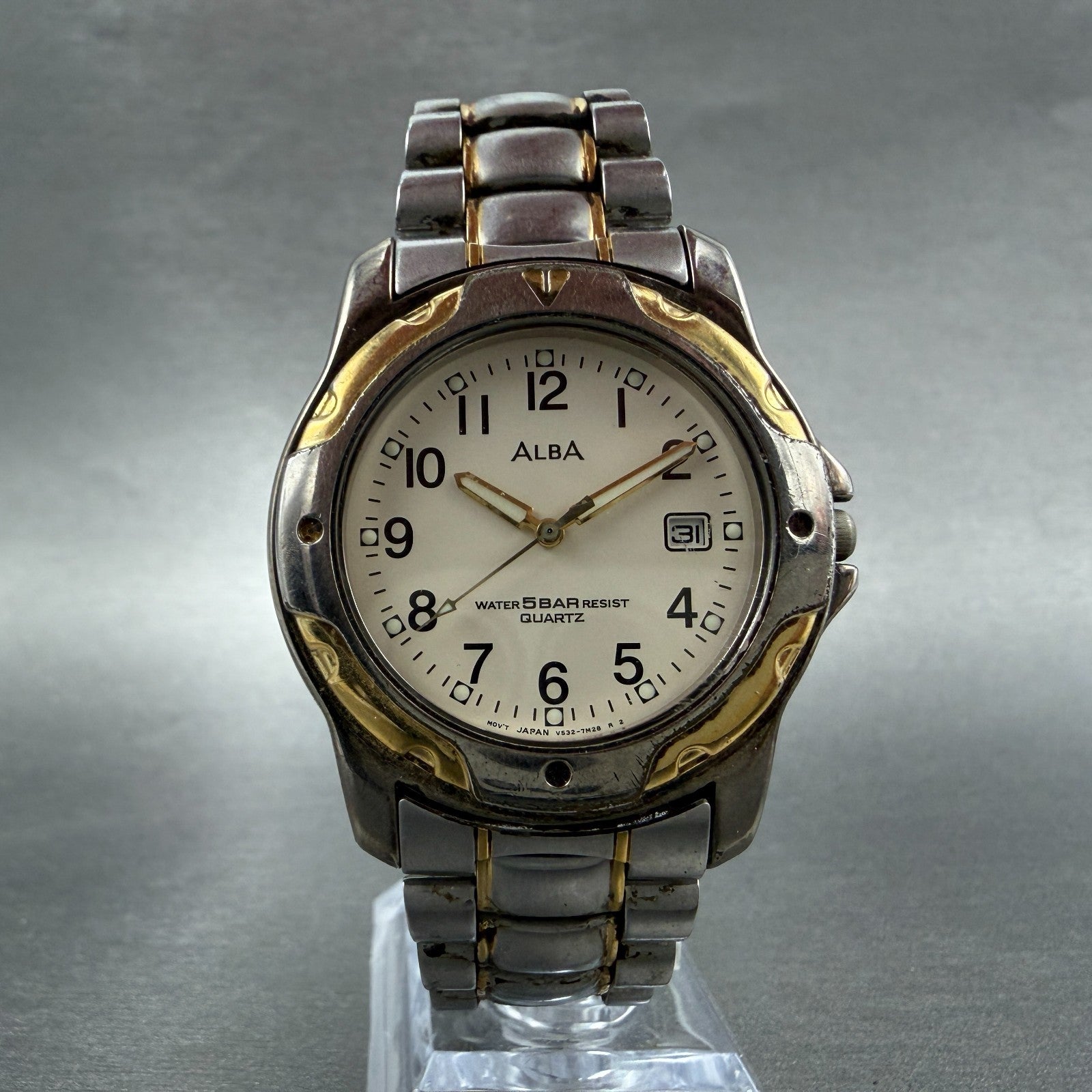 Seiko ALBA Watch Men 38mm Cream Dial Two Tone Date Round V532-7G60 New Battery5