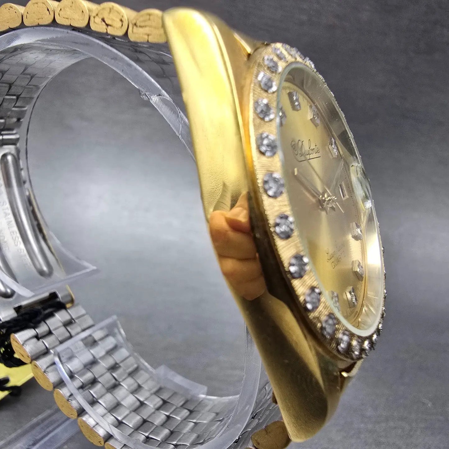 Lucien Piccard Dufonte Watch Men 36mm Gold Dial Gold Tone Date Diamond Bezel5