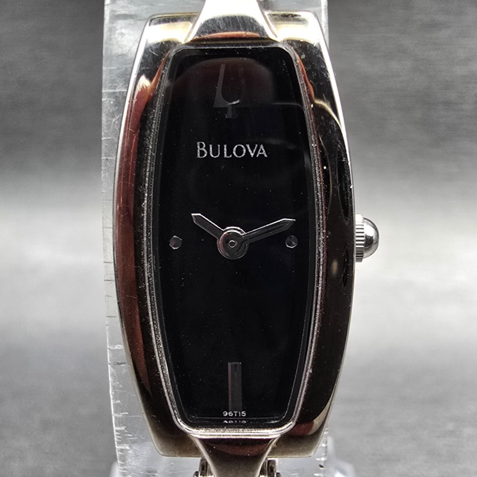 Bulova Watch Women 14mm Black Dial Silver Tone Rectangle 96T15 New Battery JP451