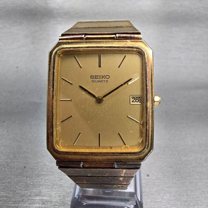 Seiko Watch Men 28mm Gold Dial Gold Tone Date Rectangle 9029-5009 New Battery0