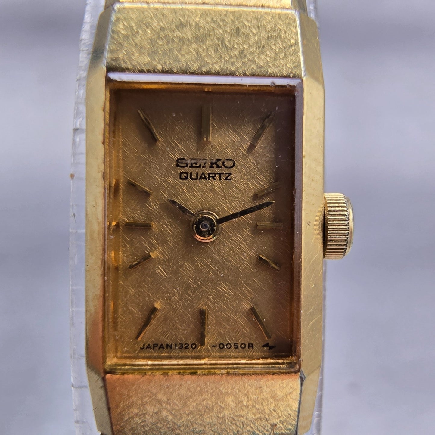 Seiko Watch Women 12mm Gold Dial Gold Tone Rectangle 1320-5049 New Battery VTG P1