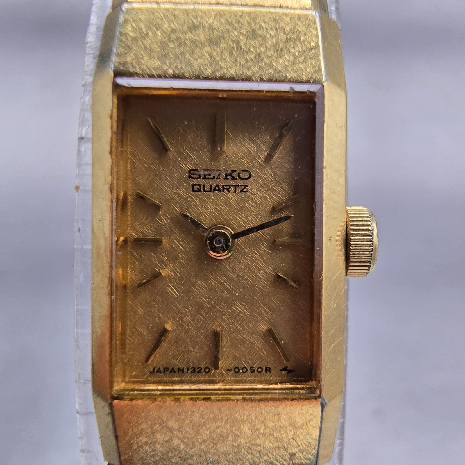 Seiko Watch Women 12mm Gold Dial Gold Tone Rectangle 1320-5049 New Battery VTG P1