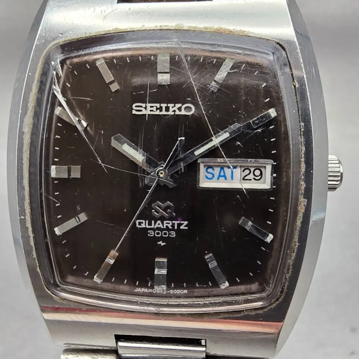 Seiko SQ Watch Men 35mm Black Dial Silver Tone Daydate 0843-5029 New Battery VTG1