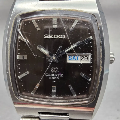 Seiko SQ Watch Men 35mm Black Dial Silver Tone Daydate 0843-5029 New Battery VTG1