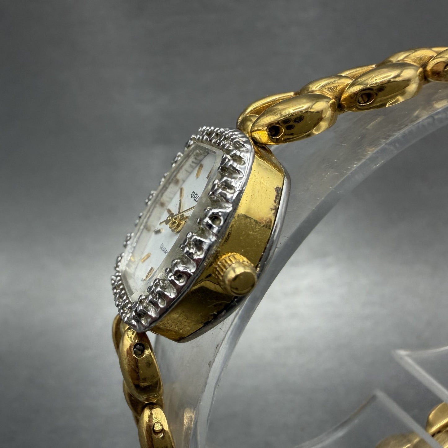Gruen Watch Women 17mm White Dial Gold Oval Diamond Bezel New Battery VTG2