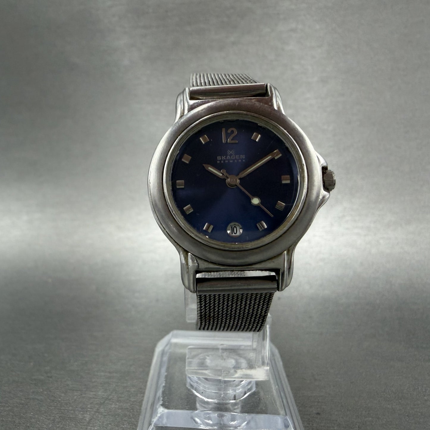 Skagen Watch Women 28mm Blue Dial Silver Tone Date Round 106SSSN New Battery5