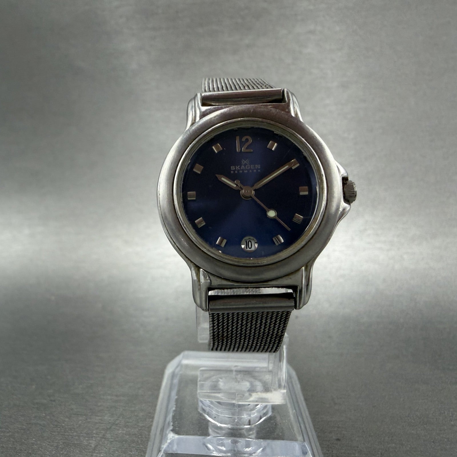 Skagen Watch Women 28mm Blue Dial Silver Tone Date Round 106SSSN New Battery5