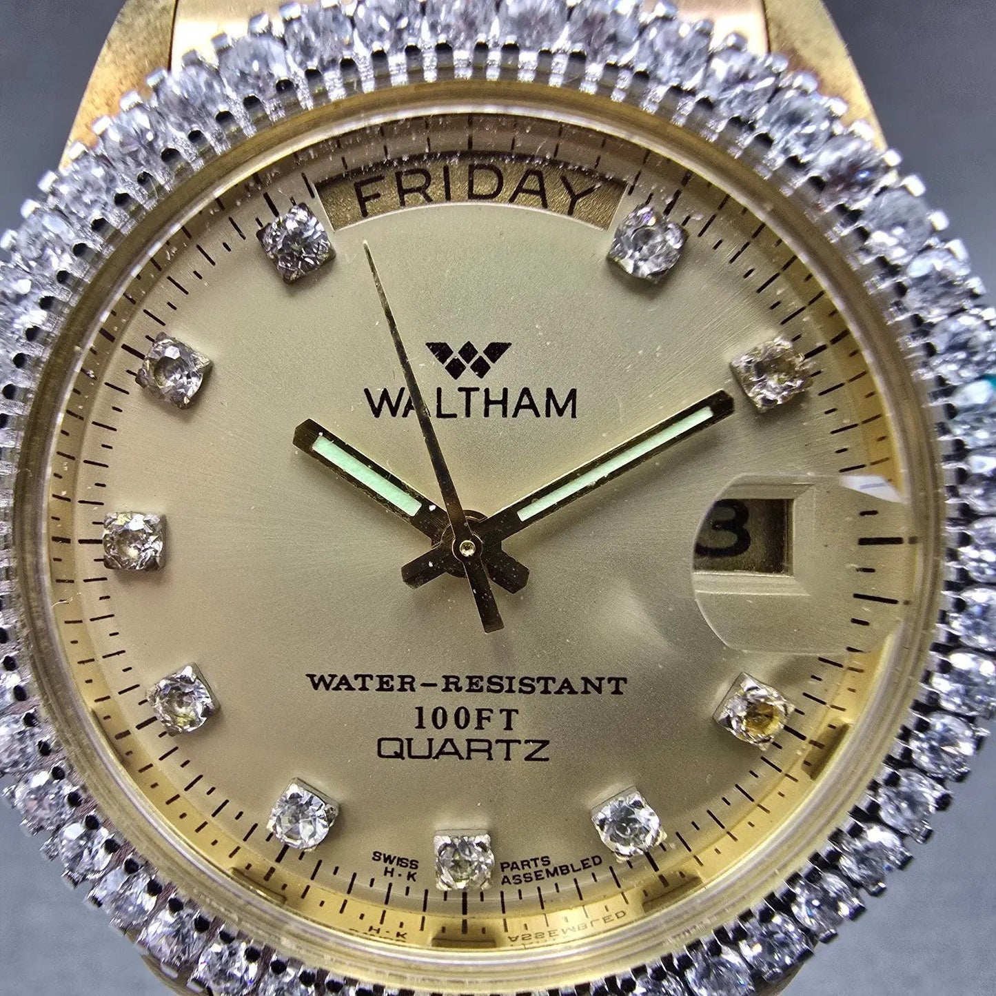 Waltham President Watch Men 36mm Gold Dial Gold Tone Daydate Round New Battery2