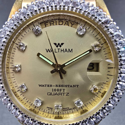 Waltham President Watch Men 36mm Gold Dial Gold Tone Daydate Round New Battery2