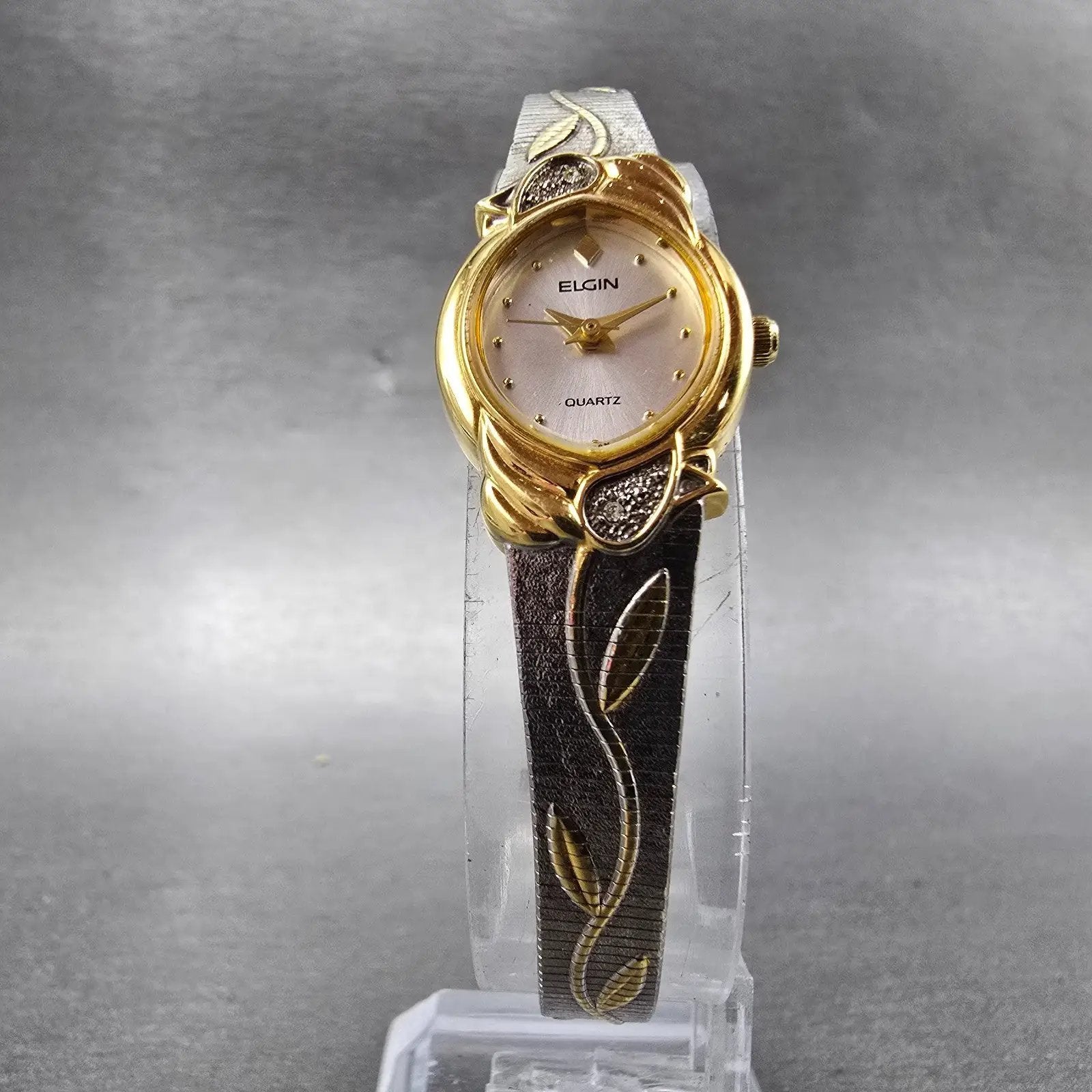 Elgin Watch Women 17mm Silver Dial Two Tone Oval Leafs EK909-007 New Battery6