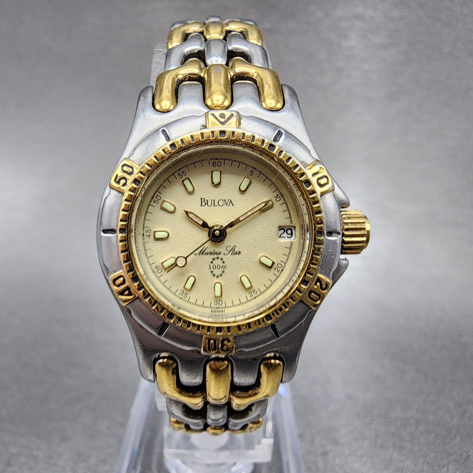 Bulova Marine Star Dive Watch Women 25mm Cream Dial Two Tone Date Round New batt0