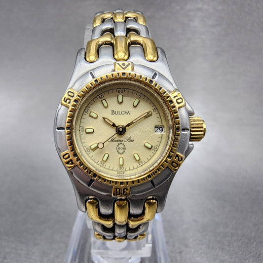 Bulova Marine Star Dive Watch Women 25mm Cream Dial Two Tone Date Round New batt0