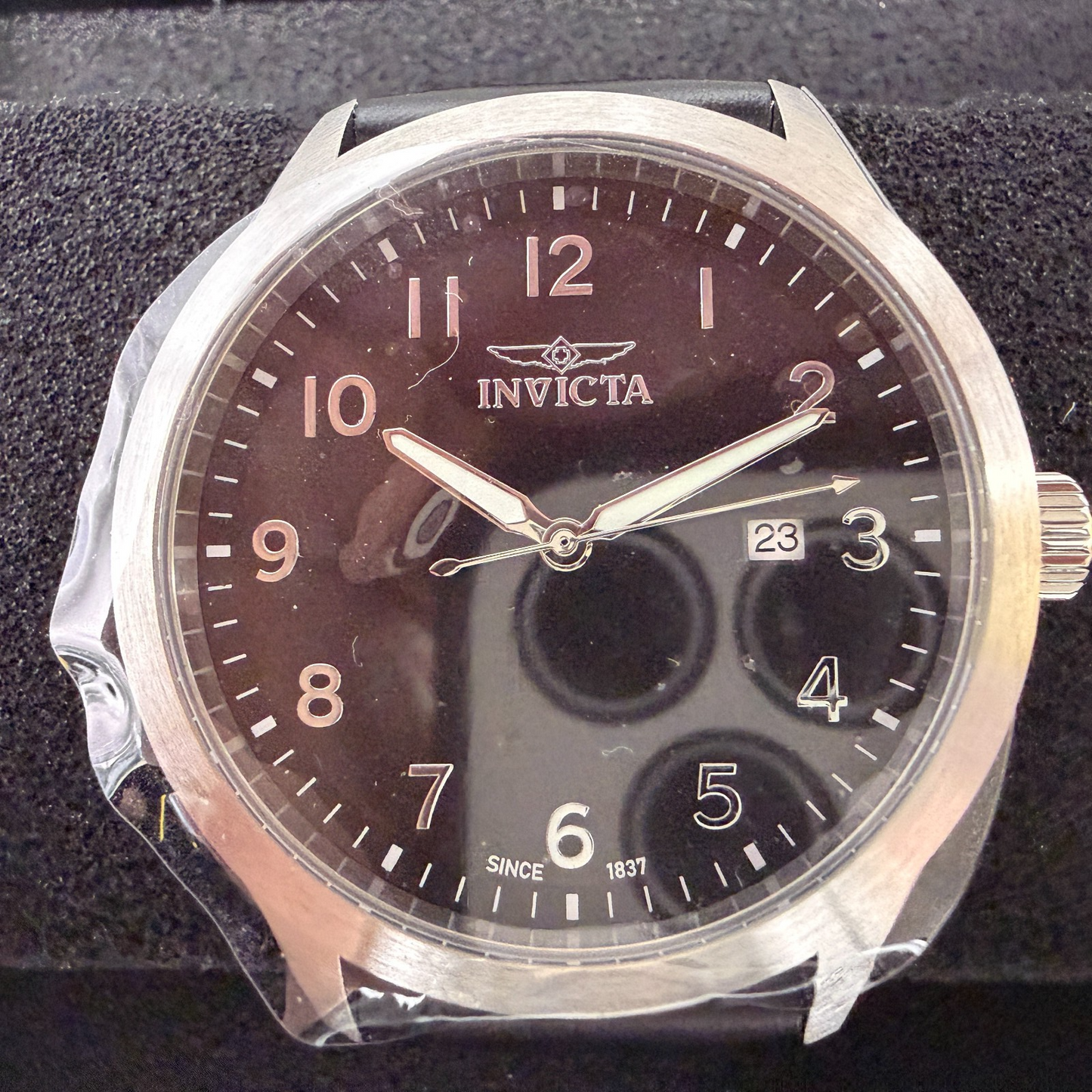 Invicta Celestial Watch Men 43mm Black Dial Silver Date Round Leather 477661
