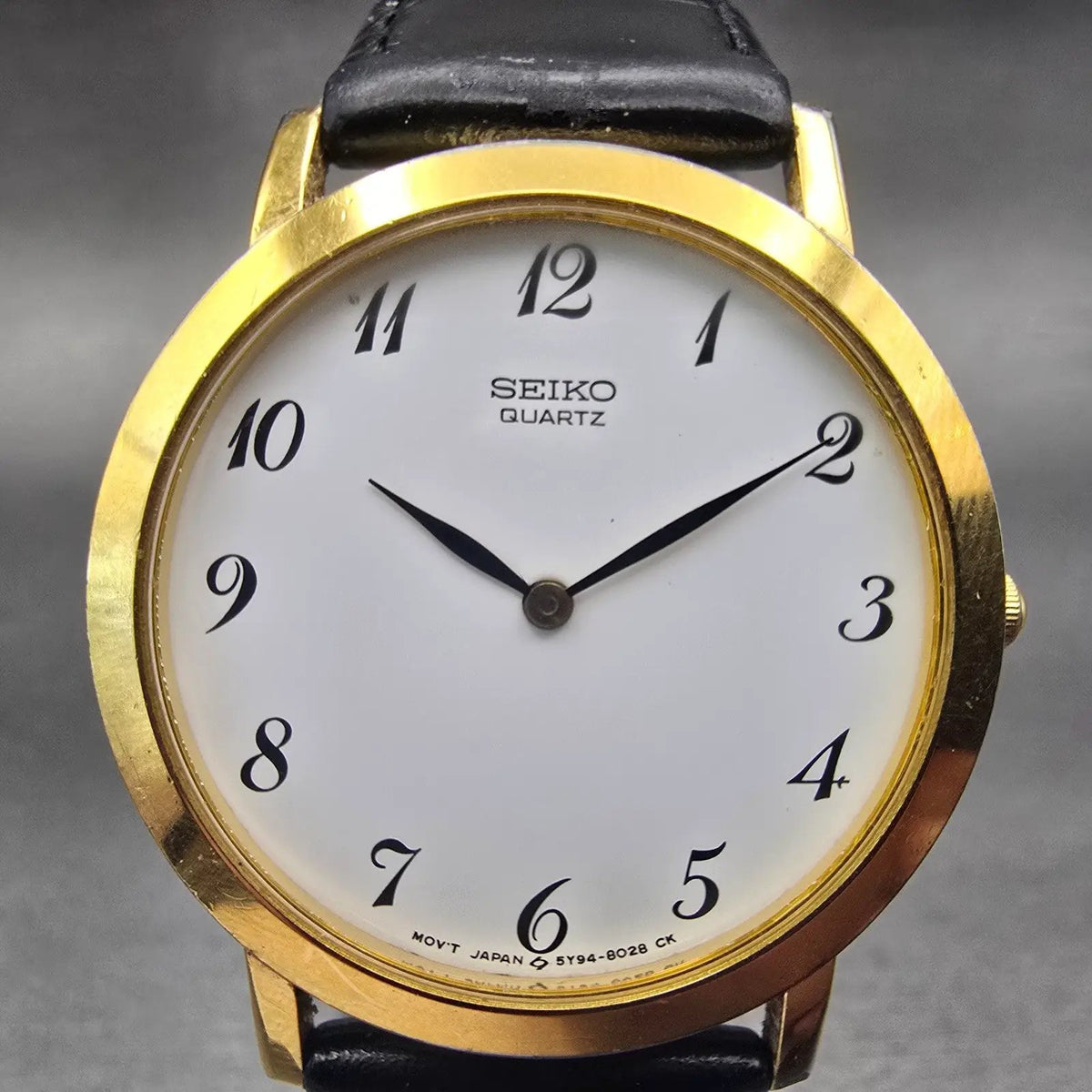 Seiko Watch Men 34mm White Dial Gold Tone Round 5Y94-8009 New Battery Vintage1