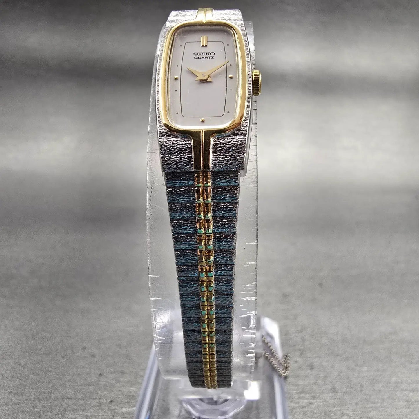 Seiko Watch Women 12mm White Dial Two Tone Rectangle 2E20-6319 New Battery VTG5