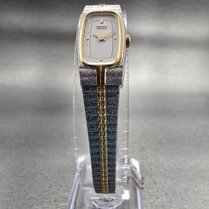 Seiko Watch Women 12mm White Dial Two Tone Rectangle 2E20-6319 New Battery VTG5