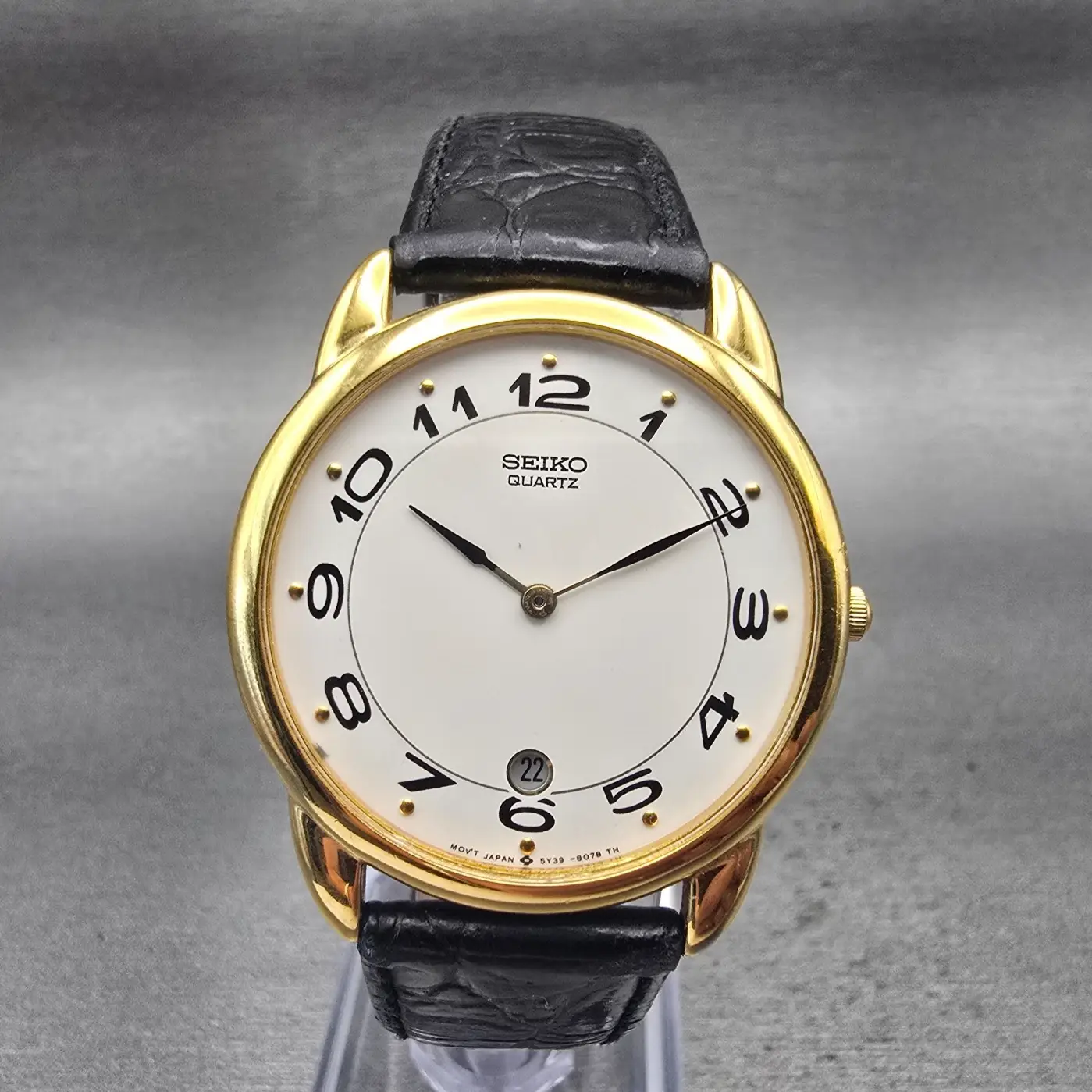 Seiko Watch Men 33mm White Dial Gold Tone Date Round 5Y39-8059 New Battery VTG0