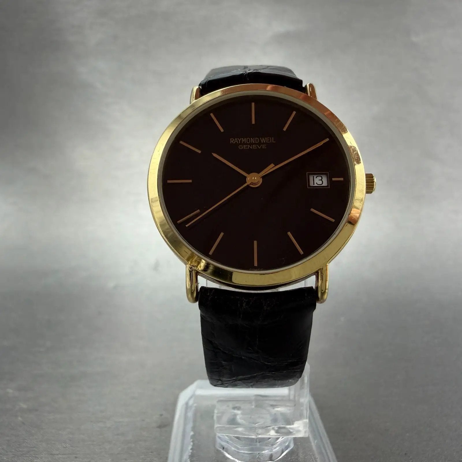 Raymond Weil Watch Men 31mm Black Dial Gold Plated Date Round 5507 New Battery5