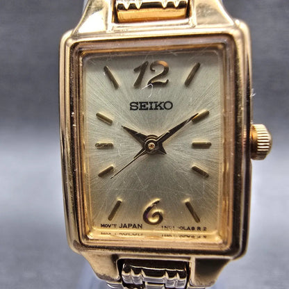Seiko Tank Watch Women 17mm Champagne Dial Gold Tone Rectangle 1N01-0FH0 NewBatH1