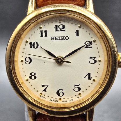 Seiko Watch Women 22mm Ivory Dial Gold Tone Round 1N01-0K40 New Battery VTG JP1