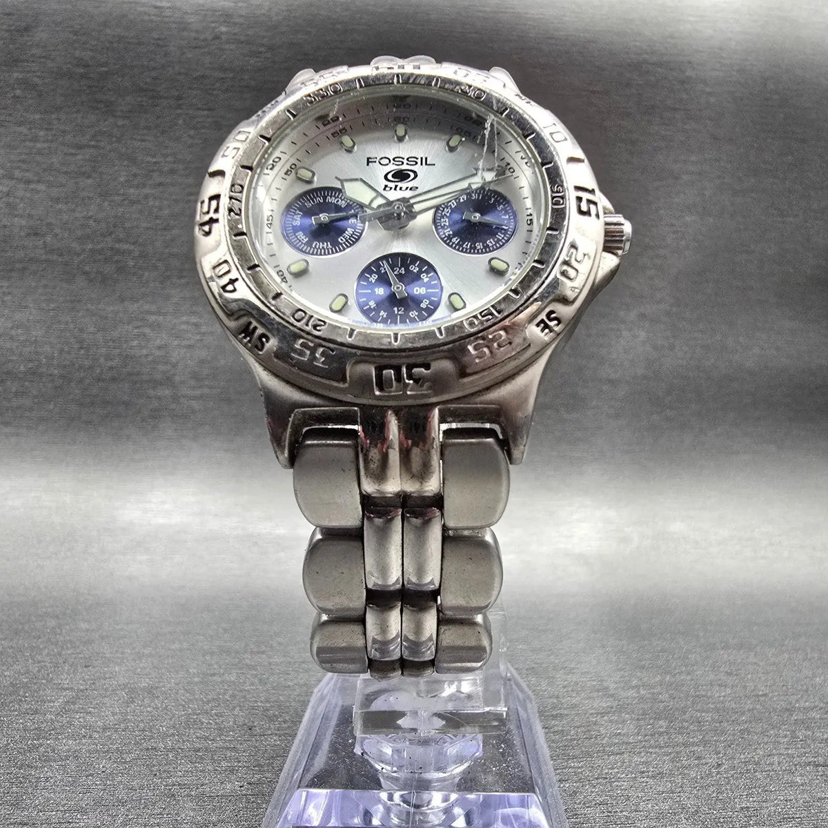 Fossil Blue Watch Men 35mm Silver Dial Silver Tone Daydate Round BQ-9022 New Bat5