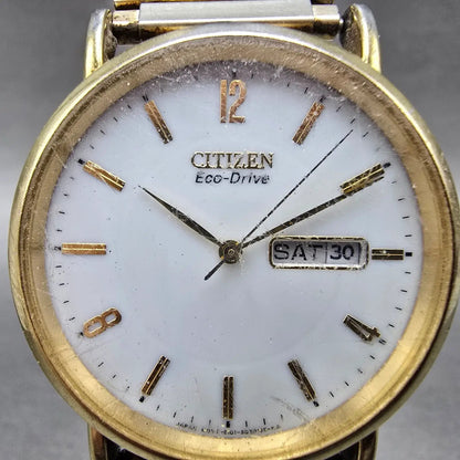 Citizen Eco-Drive Watch Men 36mm White Dial Gold Tone Daydate E101-S015588 Runs1