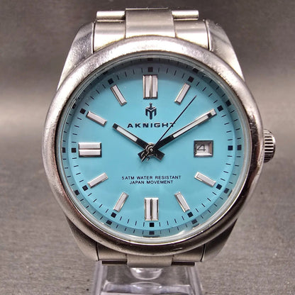 Aknight Watch Men 39mm Blue Dial Silver Tone Date Round AK-2113G New Battery0
