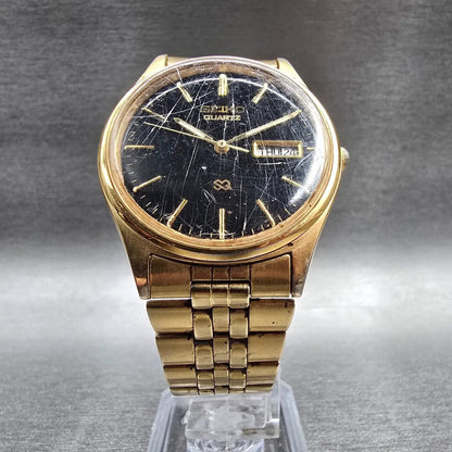 Seiko SQ Watch Men 35mm Black Dial Gold Tone Daydate Round 5Y23-8049 New Batt KL5