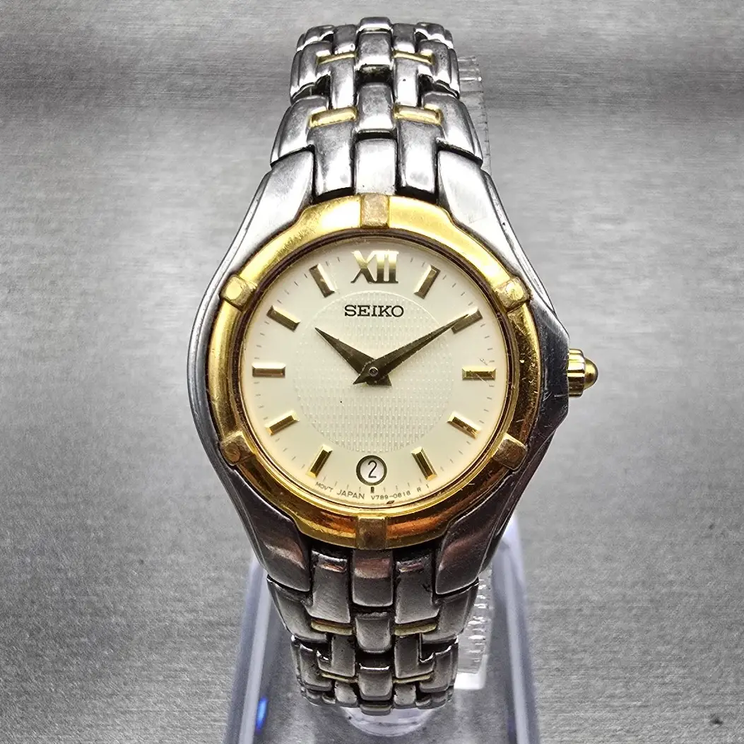Seiko Watch Women 26mm Ivory Dial Two Tone Date Round V789-0369 New Battery0