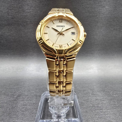 Seiko Watch Women 26mm Cream Dial Gold Tone Date Round 7N82-0AT0 New Battery JP5