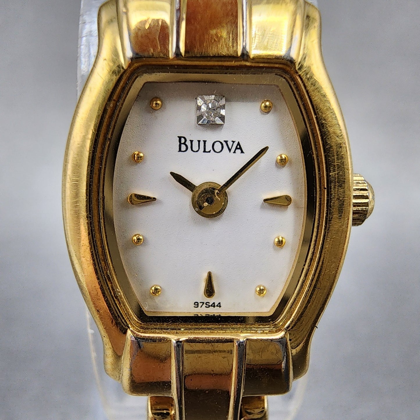 Bulova Watch Women 15mm White Dial Gold Tone Rectangle 97S44 New Battery1