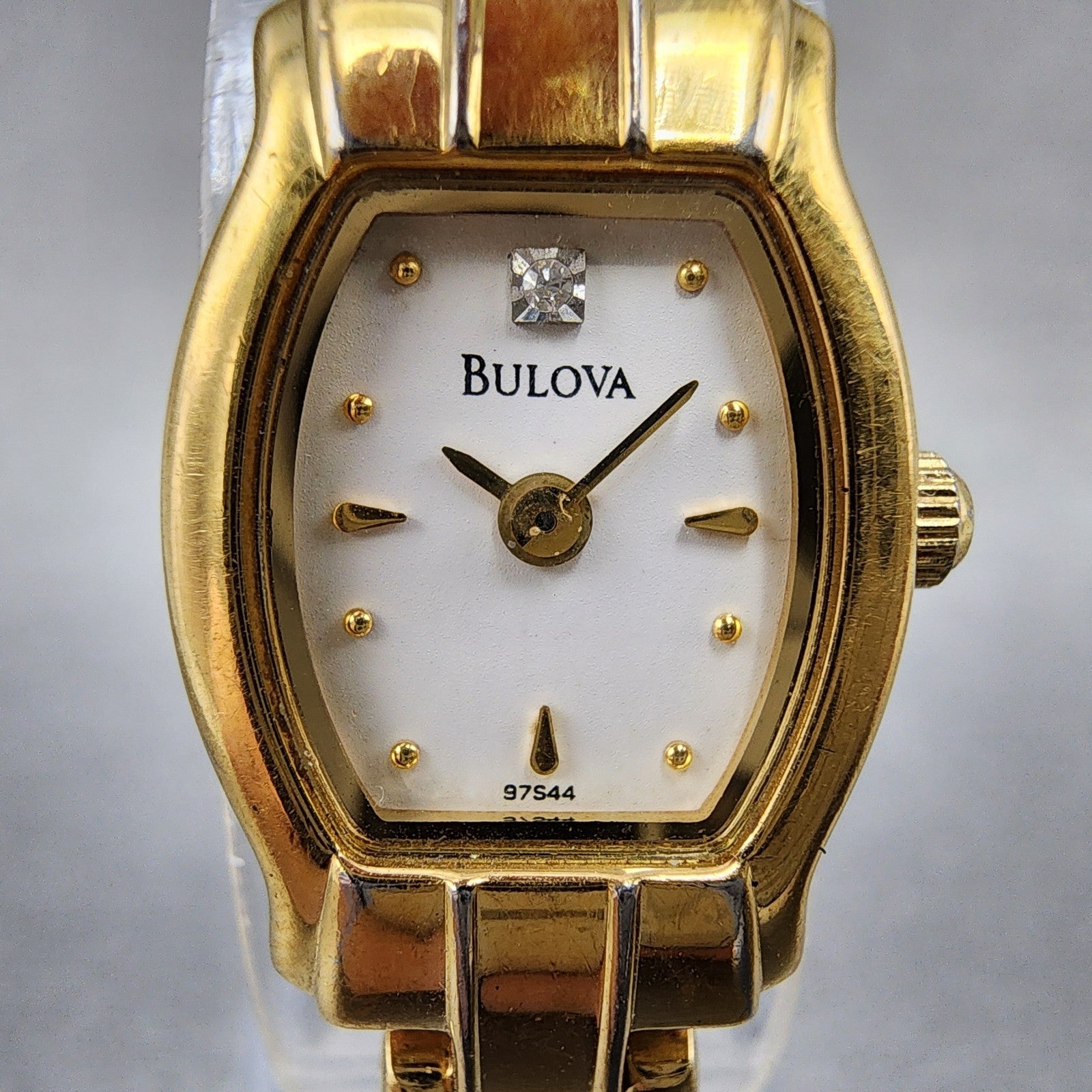 Bulova Watch Women 15mm White Dial Gold Tone Rectangle 97S44 New Battery1
