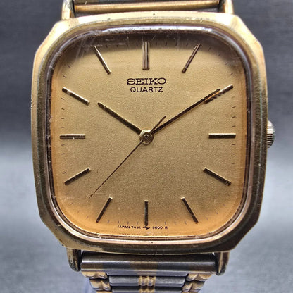 Seiko Tank Watch Men 27mm Gold Dial Gold Tone Rectangle 7431-5440 New Battery1