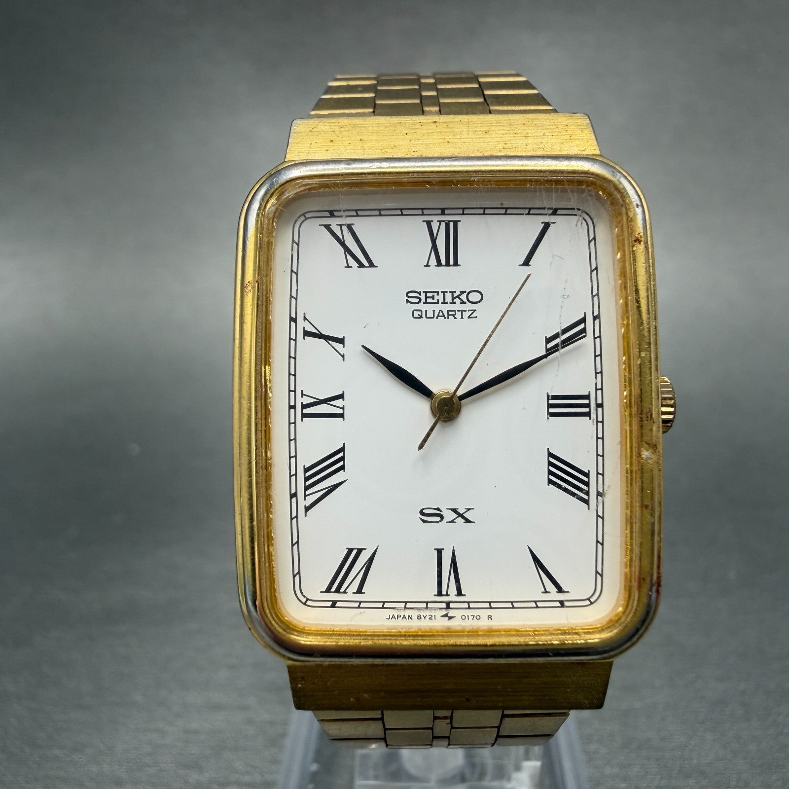 Seiko SX Tank Watch Men 25mm White Dial Gold Tone 8Y21-5070 New Battery Vintage0