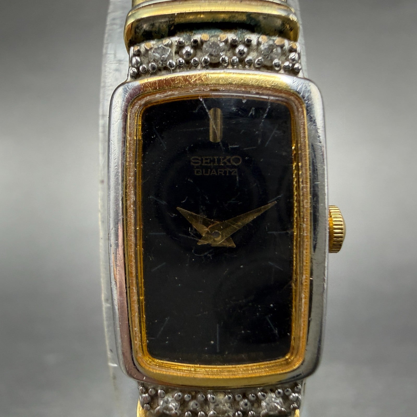 Seiko Tank Watch Women 13mm Black Dial Gold Tone Rectangle 2E20-6929 New Battery1