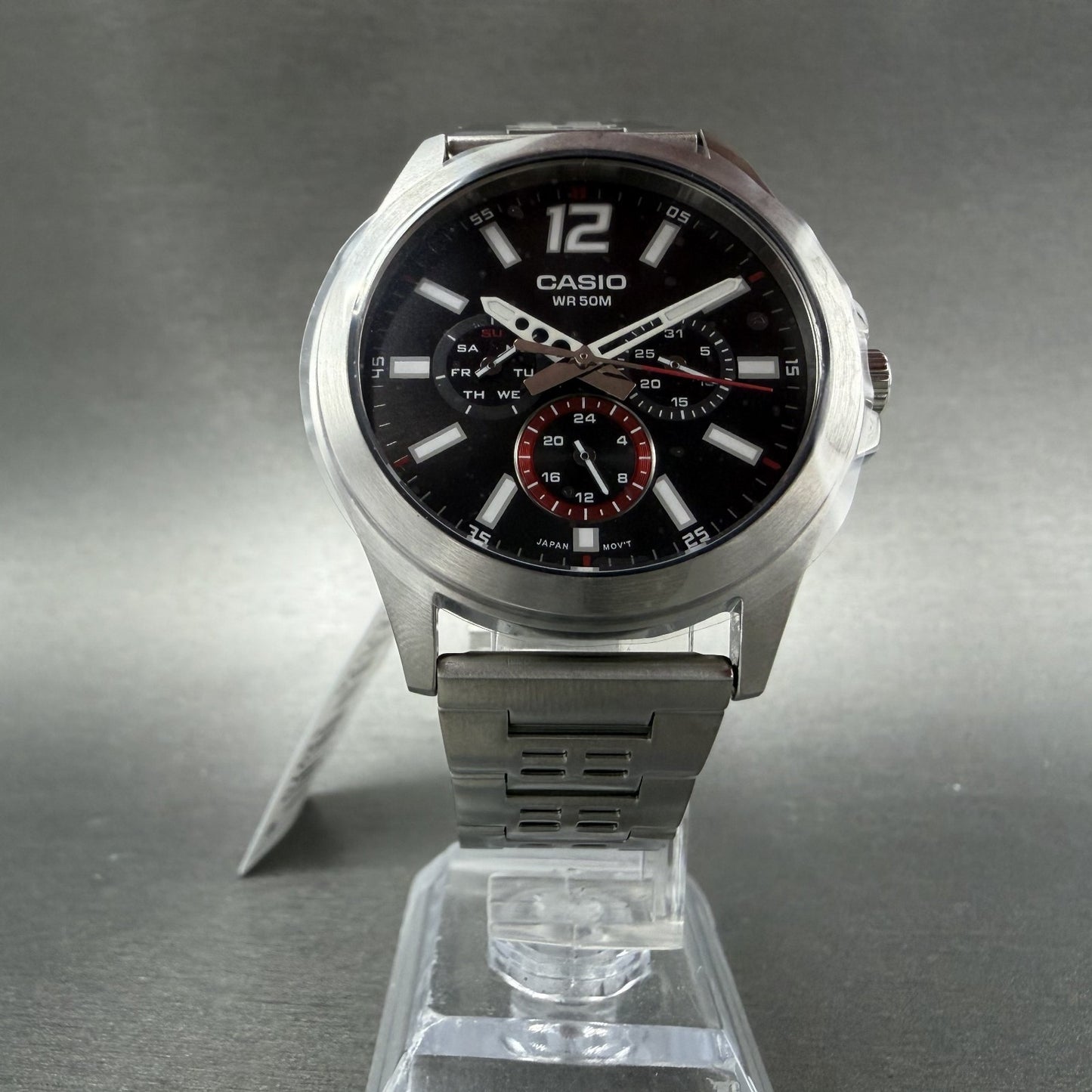 Casio MTP-E350 Watch Men 39mm Black Dial Silver Tone Daydate Metal Bracelet5