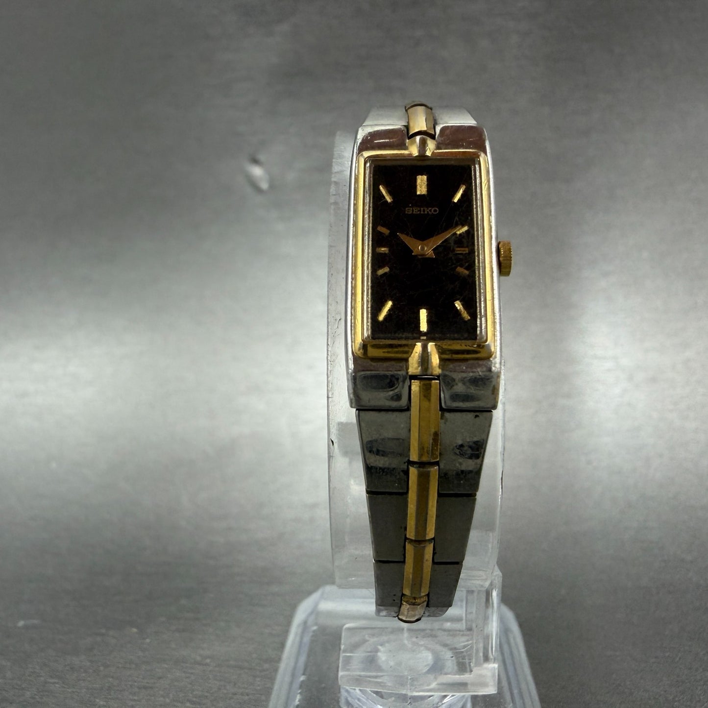 Seiko Tank Watch Women 13mm Black Dial Two Tone Rectangle 2E20-6479 New Battery5