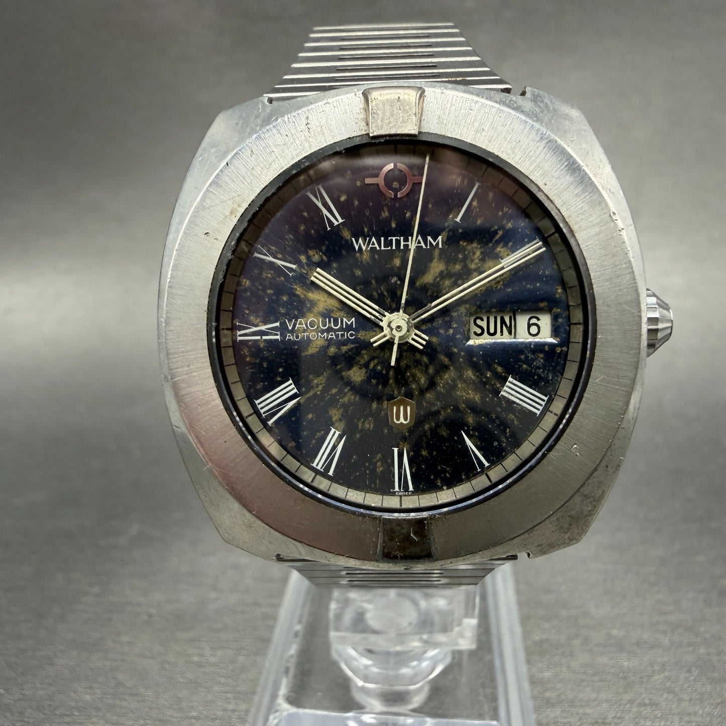 Waltham Vacuum Automatic Watch Men 36mm Blue Dial Steel Daydate Round Runs VTG0